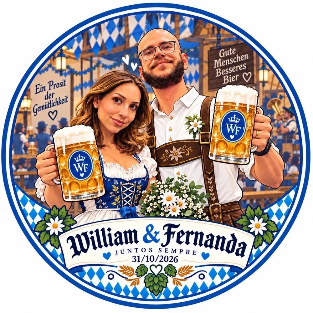Ilustração de William e Fernanda brindando com canecas de chope
