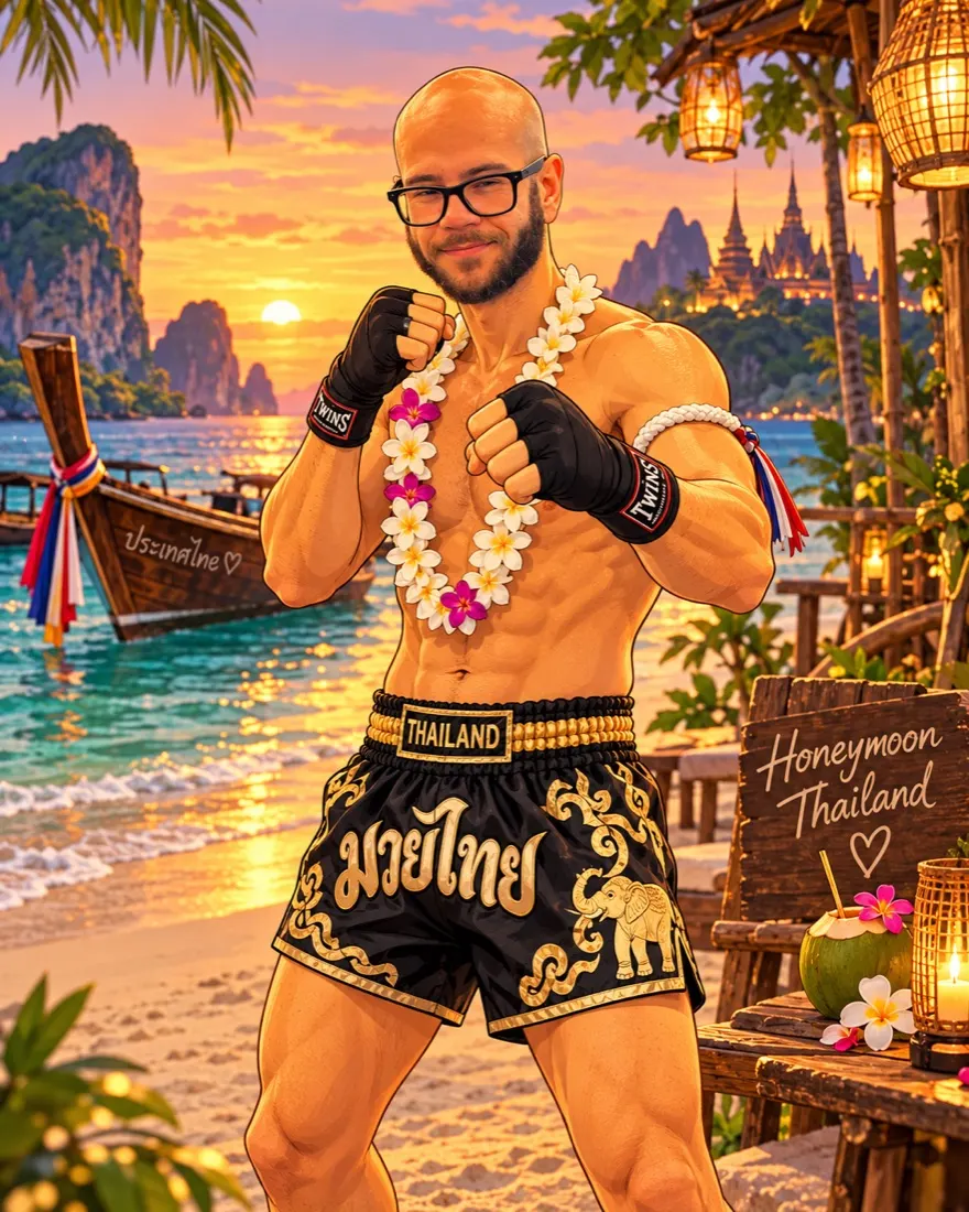 Ilustração de William em pose de muay thai numa praia da Tailândia
